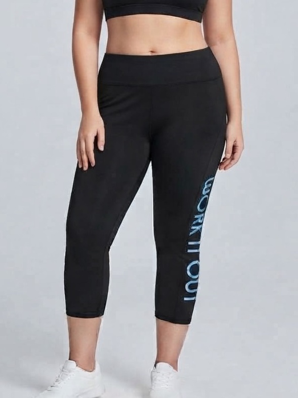 😍CLEARANCE ACX Active 20” Capri Leggings with Blue 'WORK IT OUT' Print size LARG